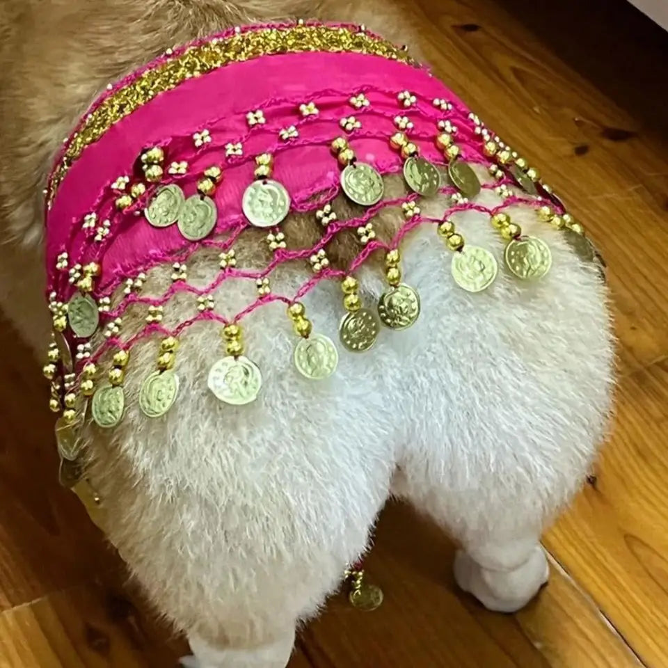 Dog Dance Costume Corgi Waist Chain Butt Curtain Clothes Pet Sequin Belly Dance Prop Puppy Shaking Hip Scarf Halloween Accessory